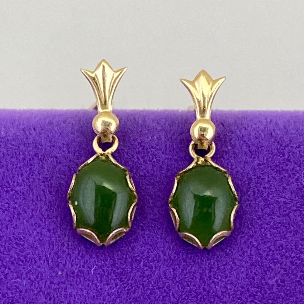 💛 Vintage 14k Gold Drop Earrings with Green Jade |  Ornate Dangle Earrings